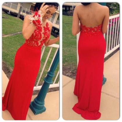 Red Backless Halter Neckline Prom Dress With Lace..