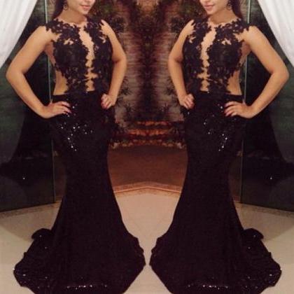 Black Long Chiffon Prom Gown With Lace Appliques,..