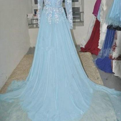 Baby Blue Chiffon Long Sleeve Prom Dresses With..