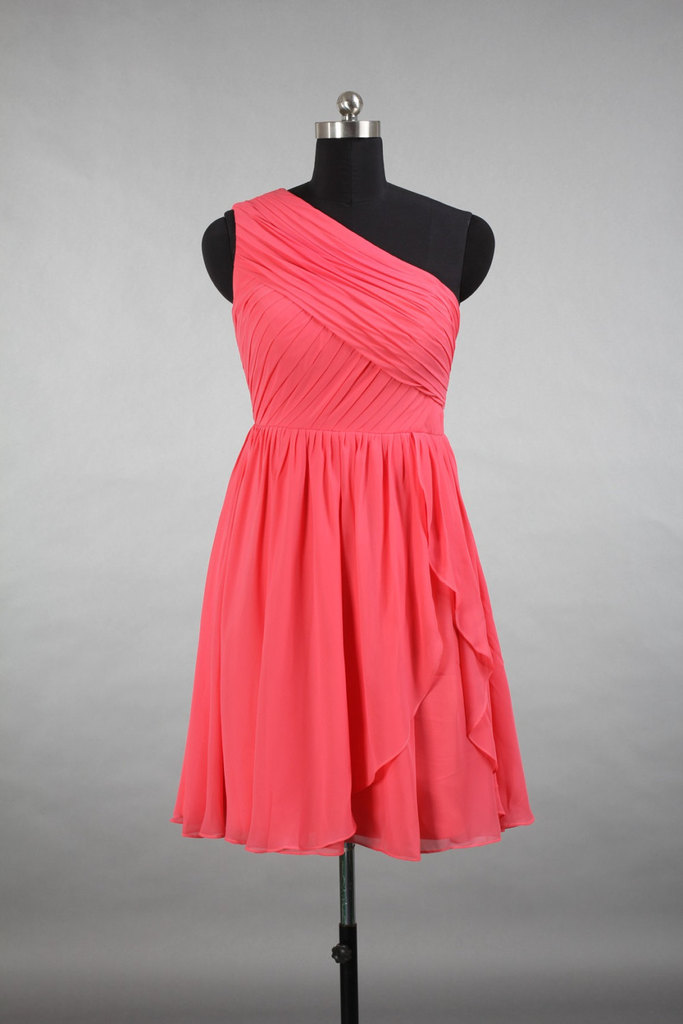 One Shoulder Coral Chiffon Short Bridesmaid Dress Coral