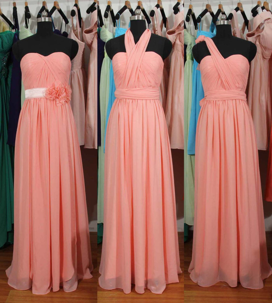 Long Coral Convertible Chiffon Bridesmaid Dress, Junior Bridesmaid Dresses
