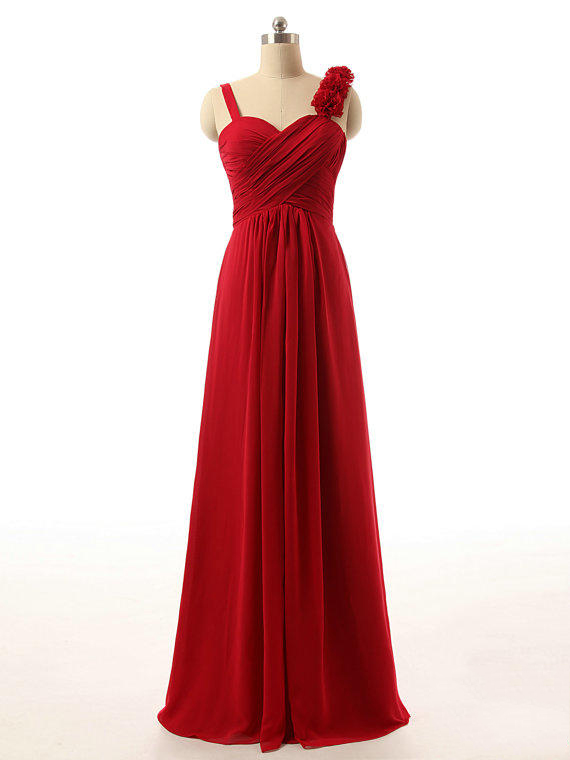 Custom Made Size Color Spaghetti Strap With Handmade Flowers A Line Long Chiffon Red Bridesmaid Dress 2015 Made To Order