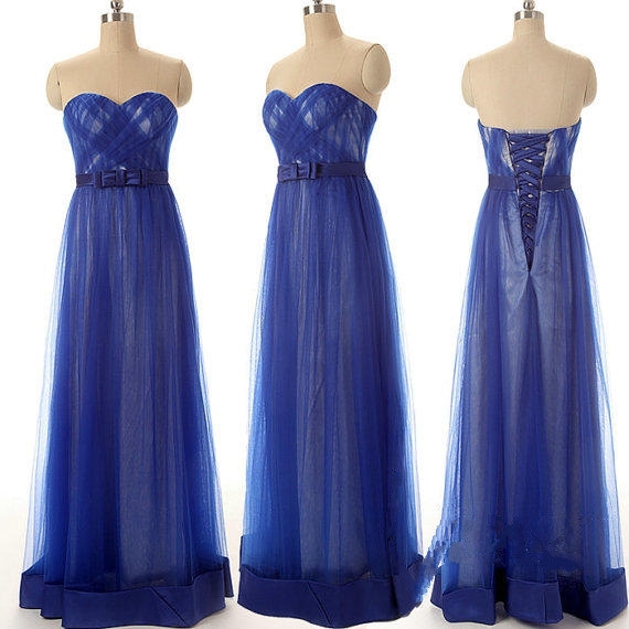 Wedding Party Dresses Sweetheart Lace Up Back Long Tulle Custom Made Size Color Elegant Royal Blue Formal Prom Dresses 2015
