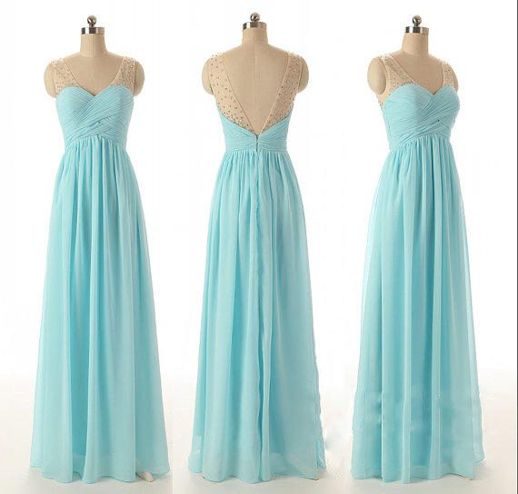 Custom Color Size Elegant Formal Zipper Up Blue Long Chiffon See Through V-neck With Beads Bridesmaid Dress Prom Dress Evening Dress