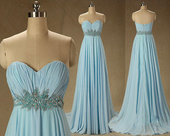 Sweetheart Sleeveless Beaded Crystal A Line Long Formal Crystal Blue Prom Dresse Formal Evening Dresses