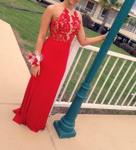 Red Backless Halter Neckline Prom Dress With Lace Applique, Red Prom Dress, Prom Dresses, Evening Dresses