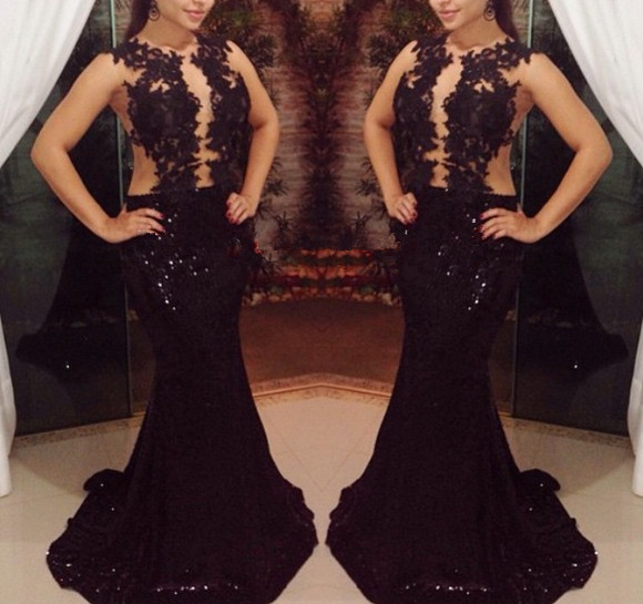 Black Long Chiffon Prom Gown With Lace Appliques, Black Prom Gowns, Black Formal Gowns, Evening Dresses