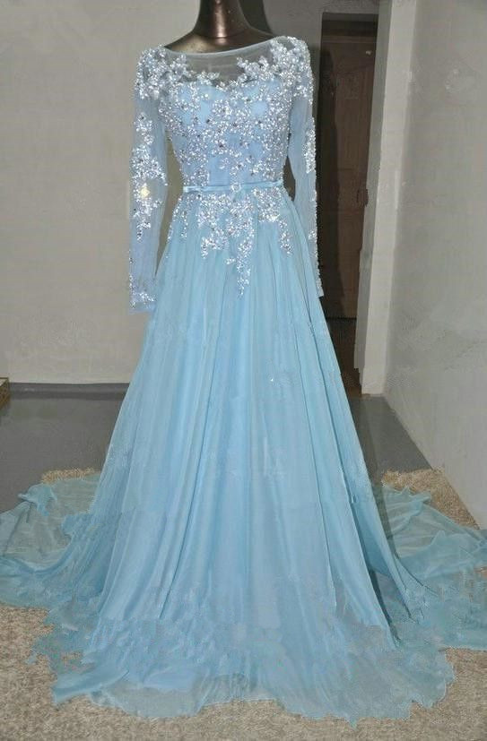 Baby Blue Chiffon Long Sleeve Prom Dresses With Applique And Beadings