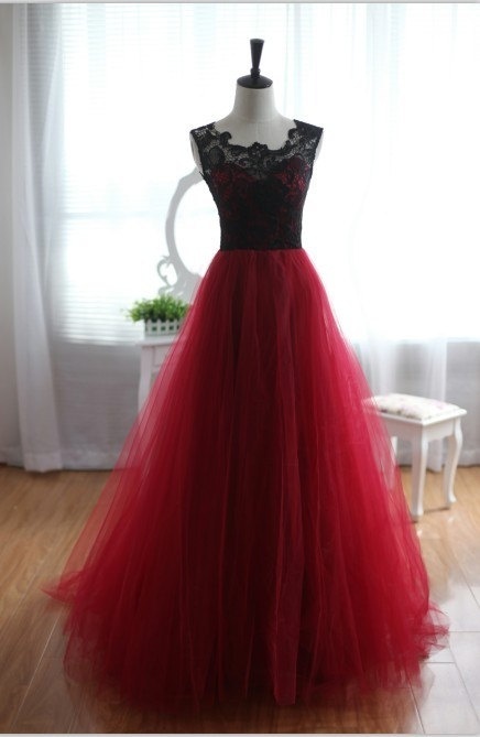 Tulle And Lace Burgundy Prom Dresses 2015, Burgundy Prom Dresses, Lace Prom Gown, Formal Dresses