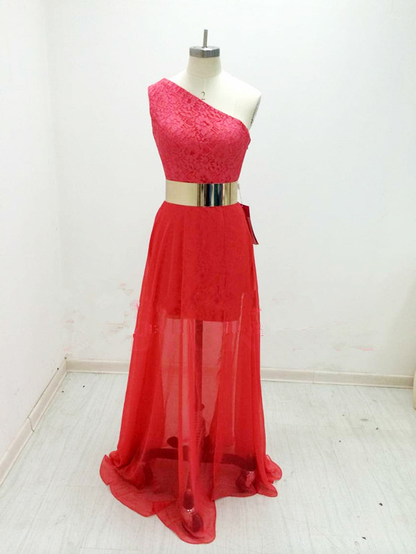 Watermelon One Shoulder Chiffon Prom Dress With Lace And Belt, Prom Dresses 2015, Formal Dresses, Evening Dresses