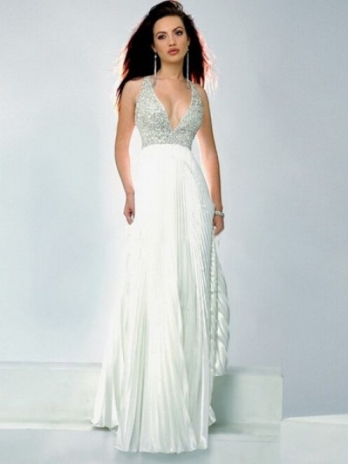 Chic A-line V-neck Sleeveless Floor-length Beading Chiffon Prom Dress