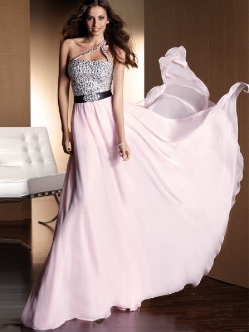 A-line/princess One-shoulder Rhinestone Floor-length Prom Dress