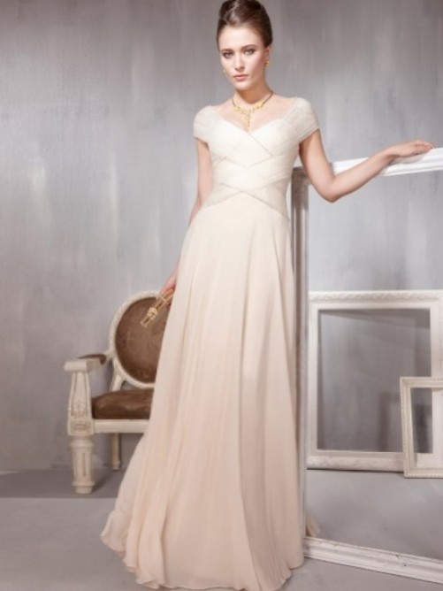 Trend A-line V-neck Ruffles Cap Sleeve Floor-length Chiffon Prom Dresses
