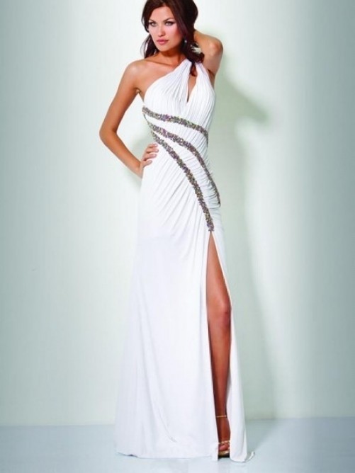 One-shoulder Sheath/column Beading Floor-length Chiffon Prom Dress