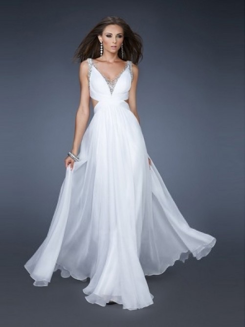 A Line V Neck Beadings Chiffon Prom Dress LBQ0935